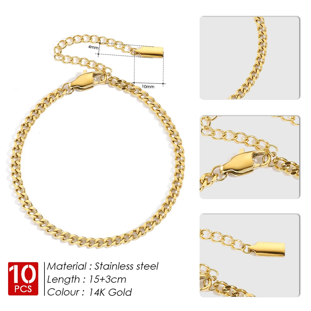 BELLUCCIE 10PCS 3MM Cuban Chain Gold-Plated Men's Stainless Steel Large Version Lobster Clasp Adjustable Simple Jewelry