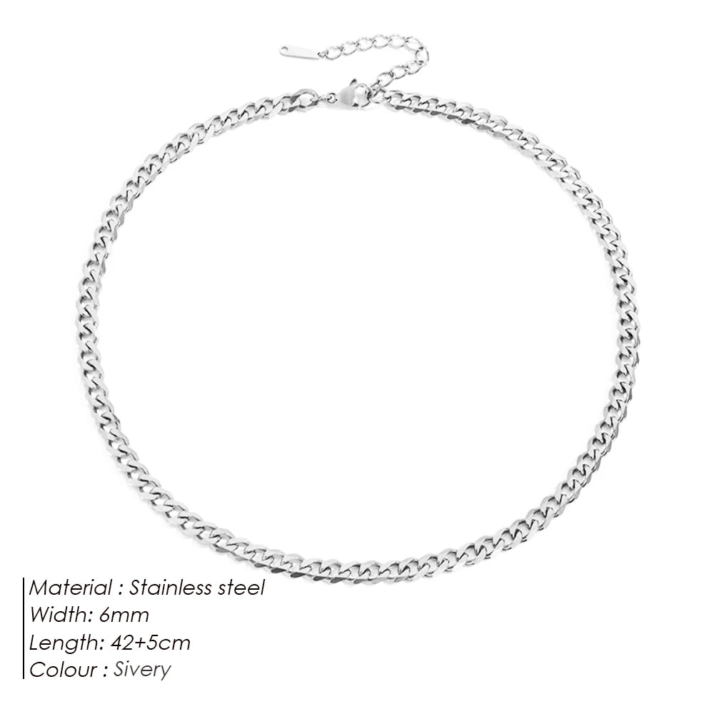 BELLUCCIE Silver color Men's Cuban Link Chain Necklace Stainless Steel Women Trendy Punk Jewelry 2MM/3MM/4MM/6MM/8MM
