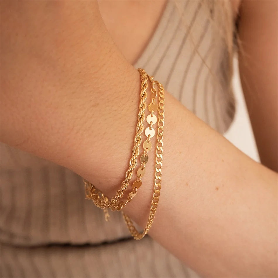 Three Layered Coin Chain Cuban Chain Twist Chain Bracelet