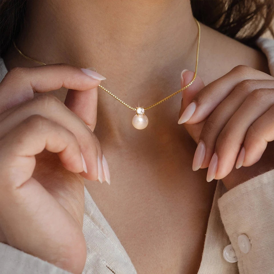 Plated Imitation Pearl Pendant Ladies Zirconia Necklace