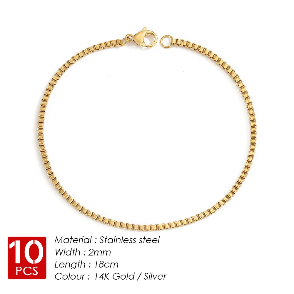 BELLUCCIE 10PCS Stainless Steel Box Chain Bracelet Gold Color Bracelets Charm Friendship Bracelets for Women Jewelry Gift Wholesale