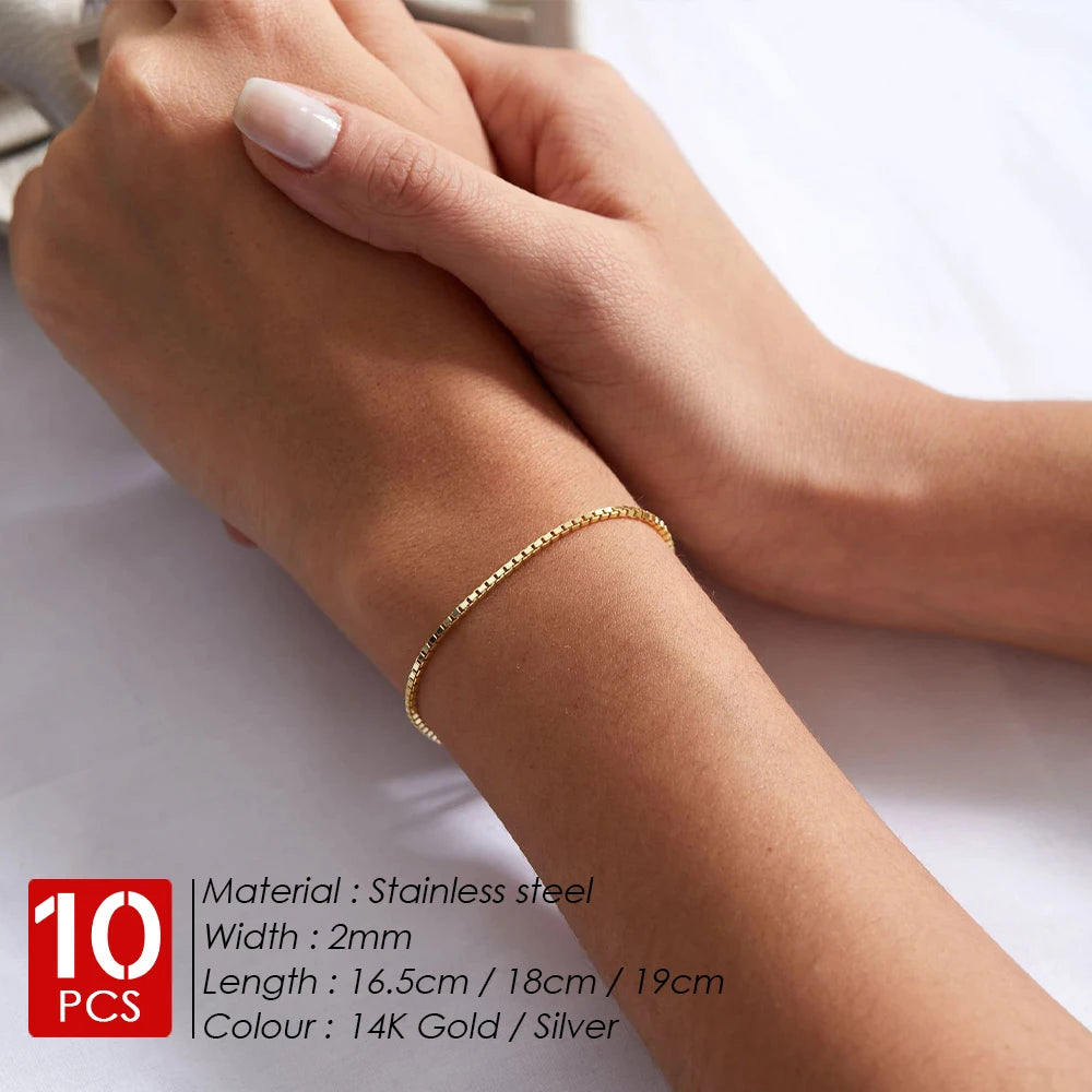BELLUCCIE10PCS Stainless Steel Box Chain Bracelet Gold Color Bracelets Charm Friendship Bracelets for Women Jewelry Gift Wholesale