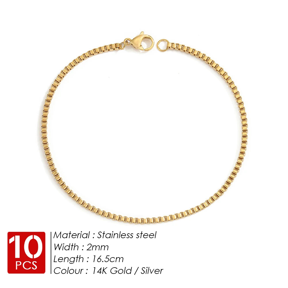 BELLUCCIE10PCS Stainless Steel Box Chain Bracelet Gold Color Bracelets Charm Friendship Bracelets for Women Jewelry Gift Wholesale