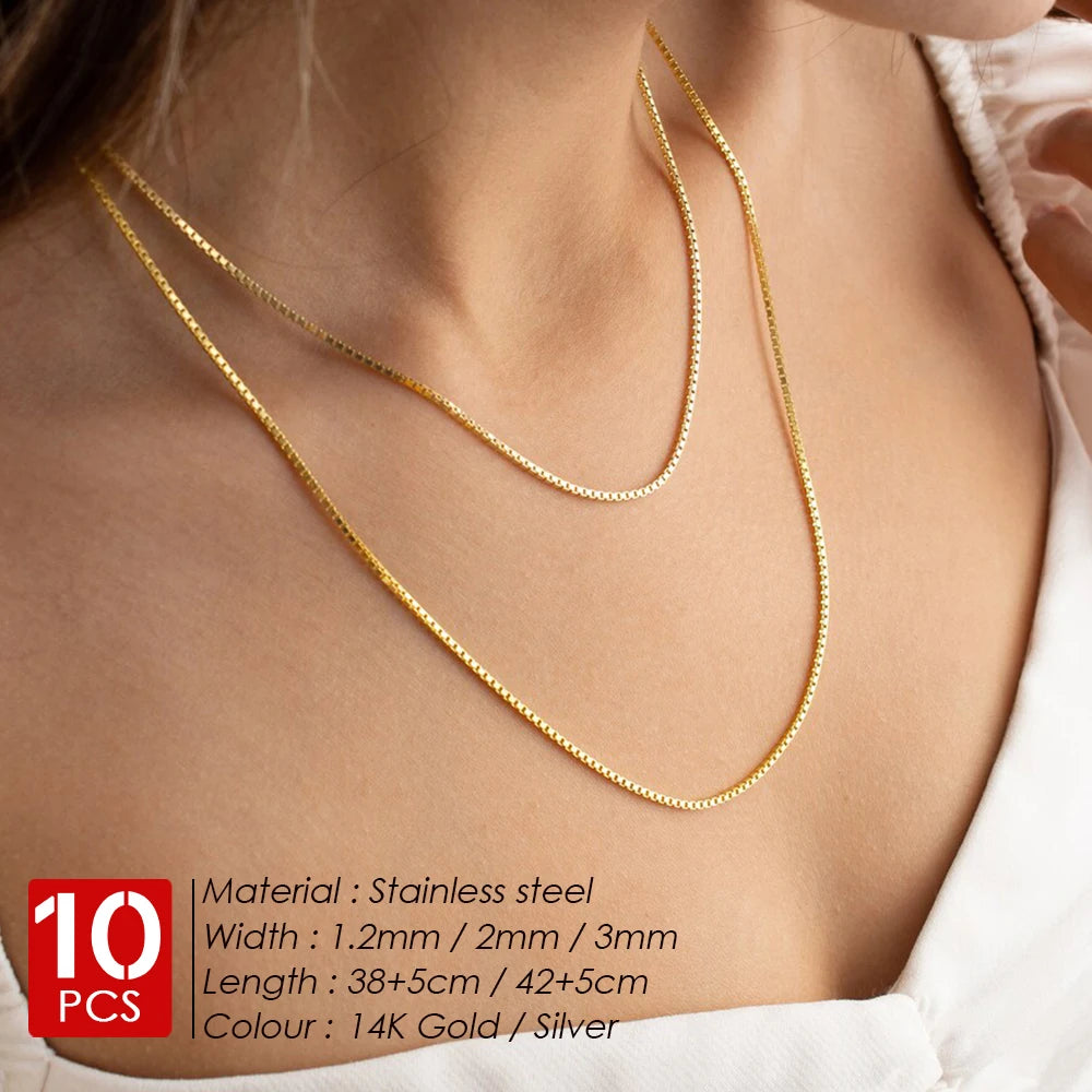 BELLUCCIE 10PCS Stainless Steel Box Chain Chocker Necklace Gold Color Trendy Romance Women Jewelry Gift Minimalist Charm Wholesale