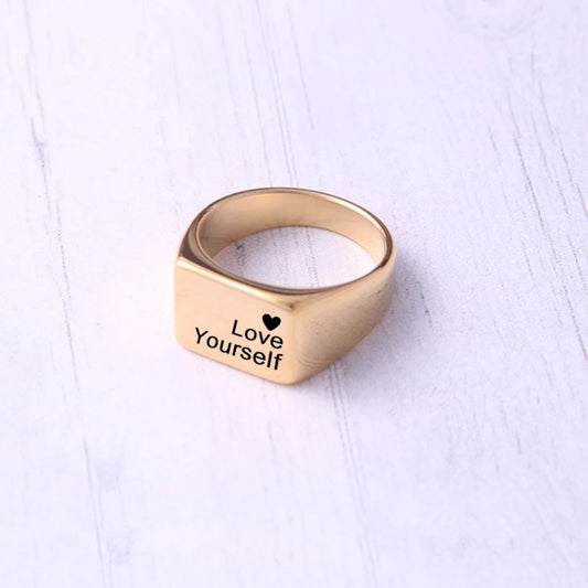 BELLUCCIENew Engraving Message Jewelry Gift Minimalist Letter Word Suqare Stainless Steel Ring Water Resistant Ring For Women