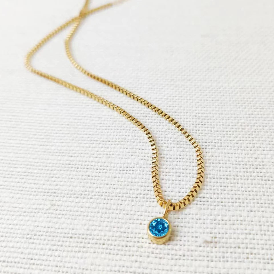 Box Chain Birthstone Necklace 12 Color Zirconia