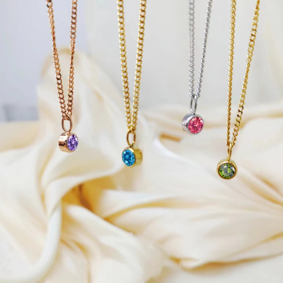 Box Chain Birthstone Necklace 12 Color Zirconia