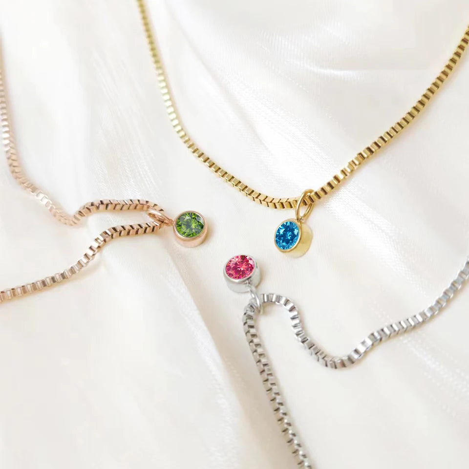 Box Chain Birthstone Necklace 12 Color Zirconia