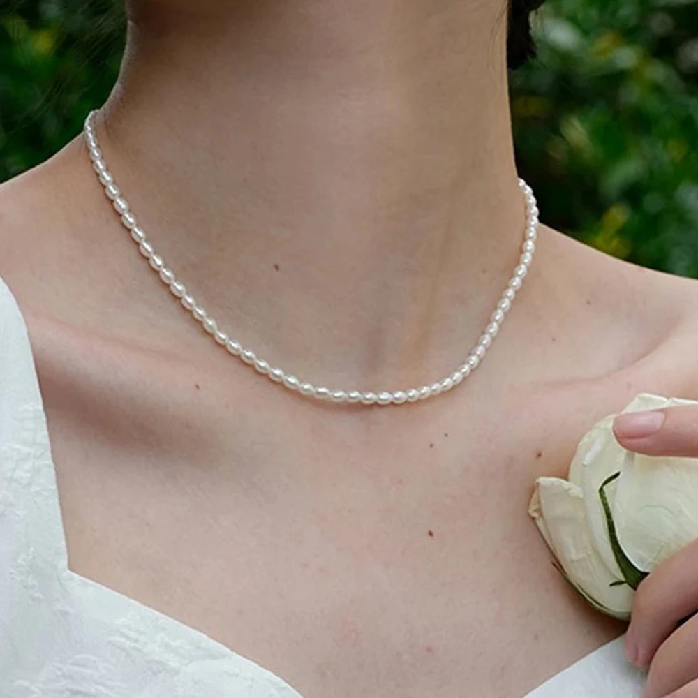 3MM Imitation Pearl Necklaces Oval White  Necklace