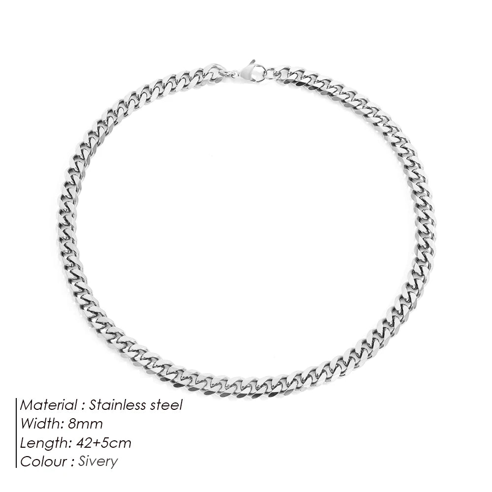 BELLUCCIE Silver color Men's Cuban Link Chain Necklace Stainless Steel Women Trendy Punk Jewelry 2MM/3MM/4MM/6MM/8MM