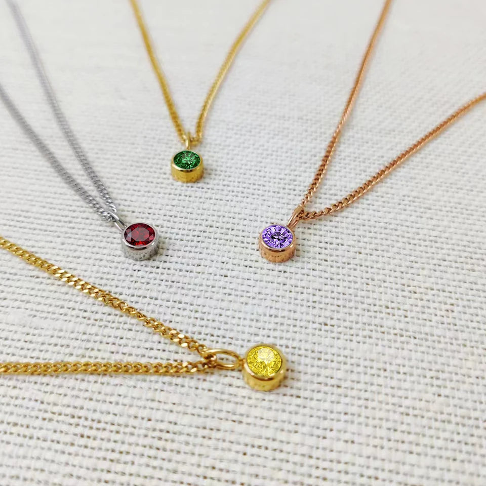 Box Chain Birthstone Necklace 12 Color Zirconia
