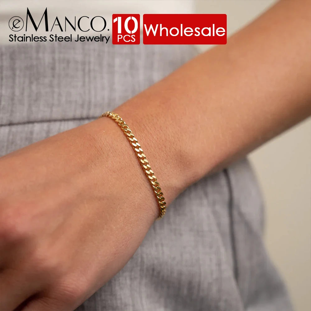 BELLUCCIE  10PCS 3MM Cuban Chain Gold-Plated Men's Stainless Steel Large Version Lobster Clasp Adjustable Simple Jewelry