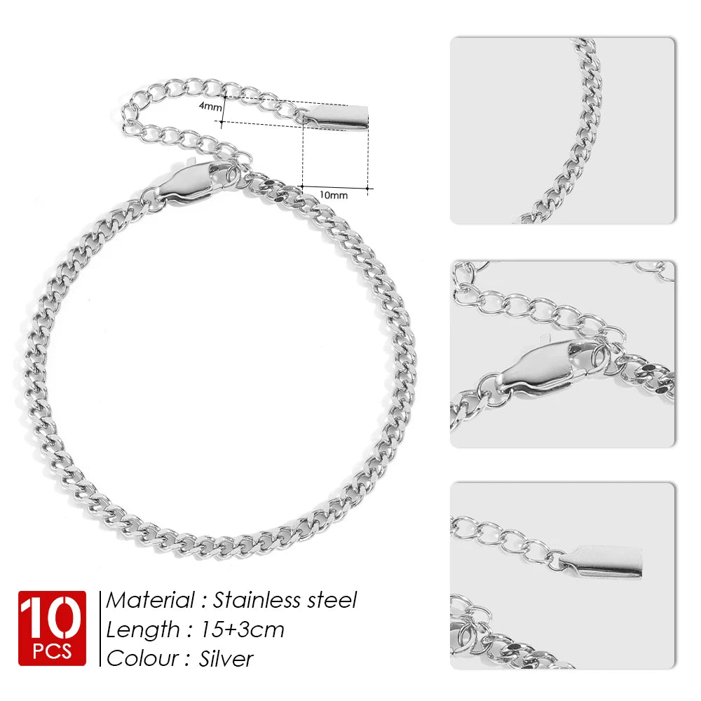 BELLUCCIE  10PCS 3MM Cuban Chain Gold-Plated Men's Stainless Steel Large Version Lobster Clasp Adjustable Simple Jewelry