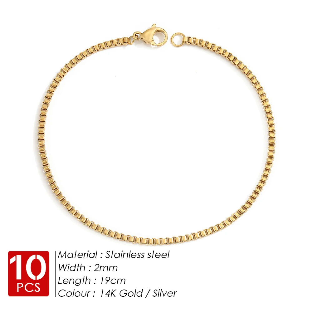 BELLUCCIE 10PCS Stainless Steel Box Chain Bracelet Gold Color Bracelets Charm Friendship Bracelets for Women Jewelry Gift Wholesale