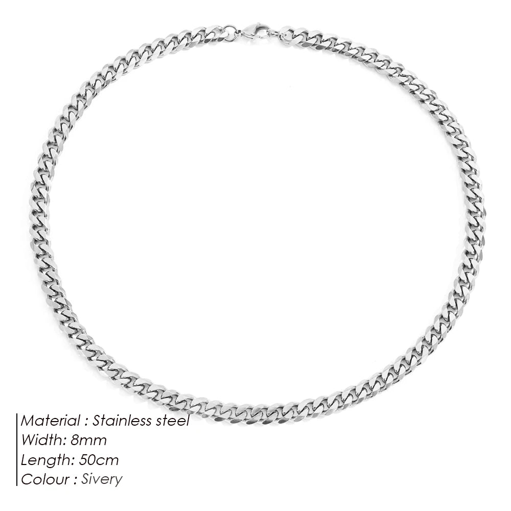 BELLUCCIE Silver color Men's Cuban Link Chain Necklace Stainless Steel Women Trendy Punk Jewelry 2MM/3MM/4MM/6MM/8MM