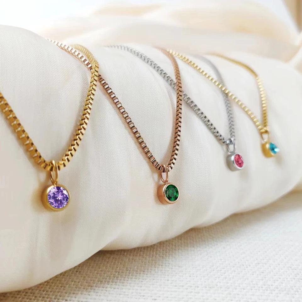 Box Chain Birthstone Necklace 12 Color Zirconia