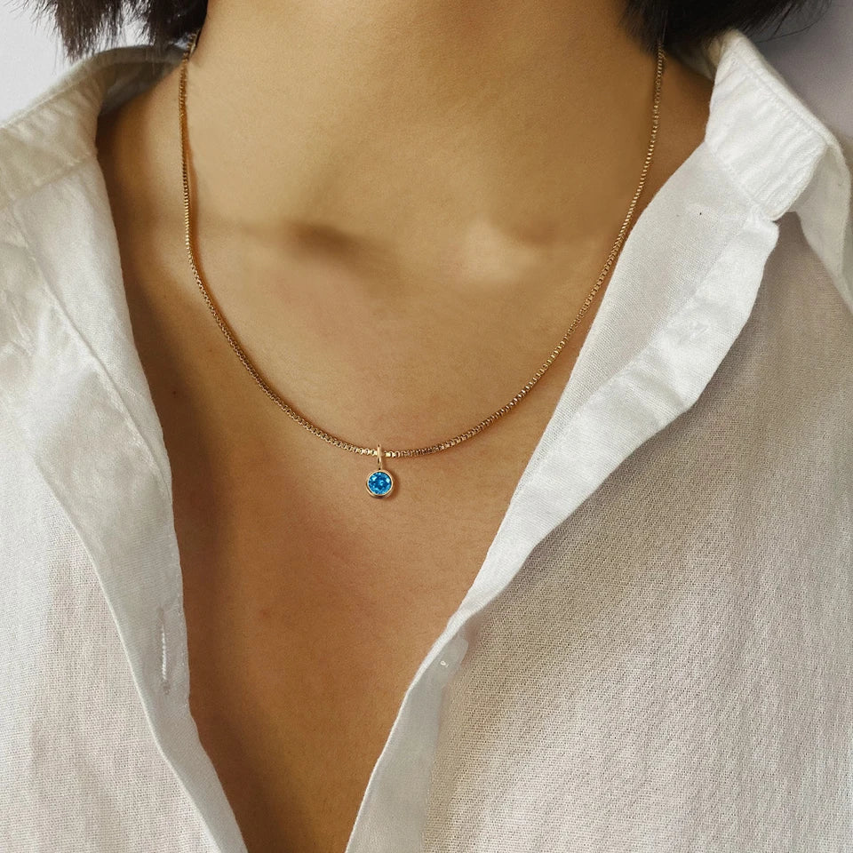 Box Chain Birthstone Necklace 12 Color Zirconia