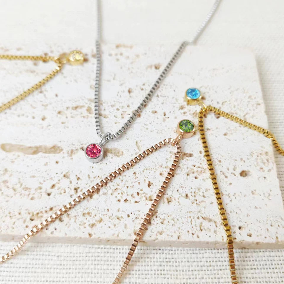 Box Chain Birthstone Necklace 12 Color Zirconia