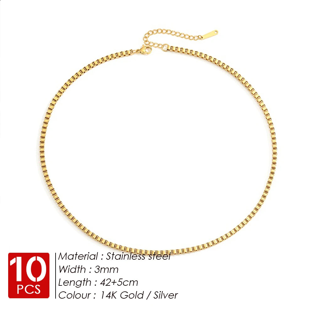 BELLUCCIE 10PCS Stainless Steel Box Chain Chocker Necklace Gold Color Trendy Romance Women Jewelry Gift Minimalist Charm Wholesale