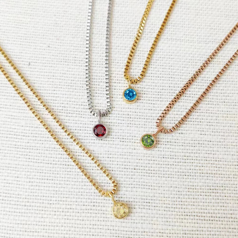 Box Chain Birthstone Necklace 12 Color Zirconia