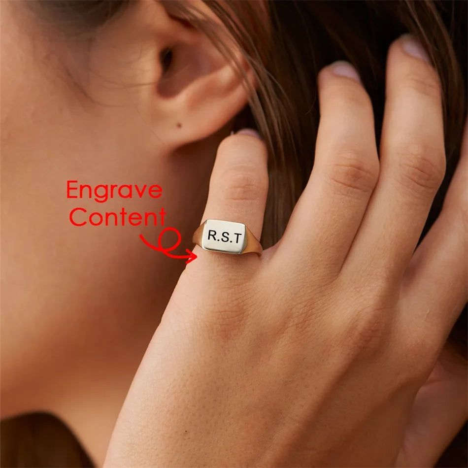 BELLUCCIENew Engraving Message Jewelry Gift Minimalist Letter Word Suqare Stainless Steel Ring Water Resistant Ring For Women