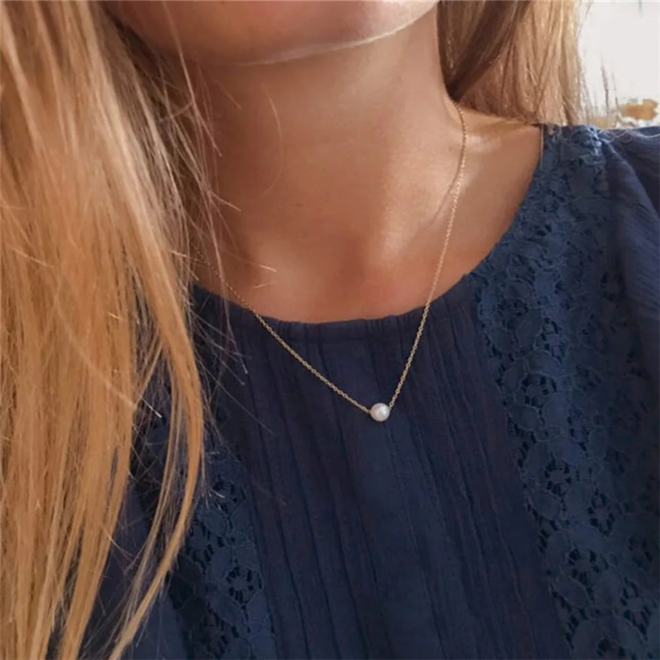 Necklace Simple Imitation 6MM Pearl Pendant Choker Necklace