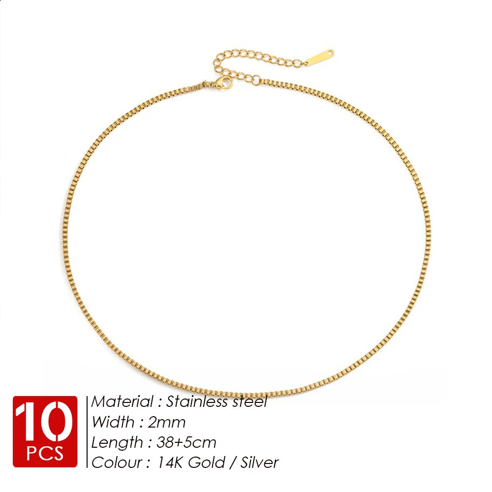 BELLUCCIE10PCS Stainless Steel Box Chain Chocker Necklace Gold Color Trendy Romance Women Jewelry Gift Minimalist Charm Wholesale