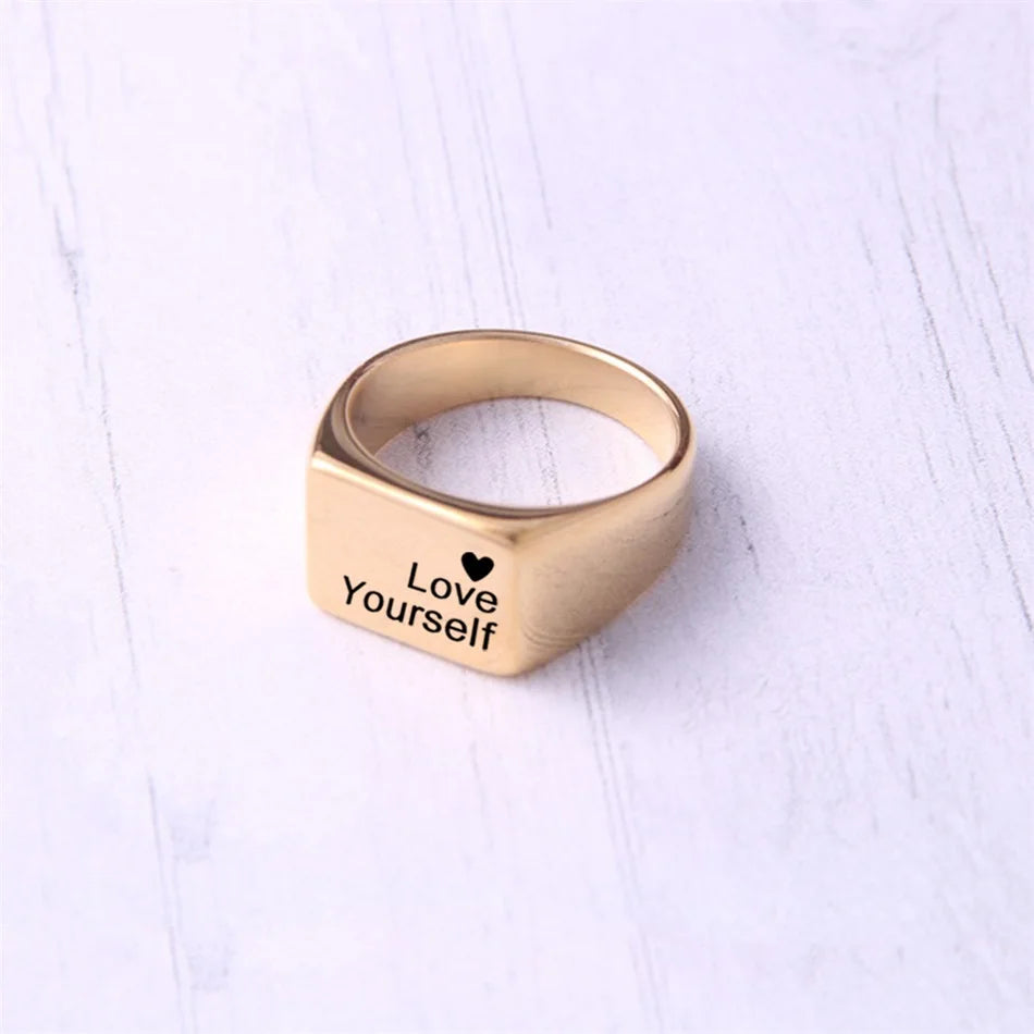 BELLUCCIENew Engraving Message Jewelry Gift Minimalist Letter Word Suqare Stainless Steel Ring Water Resistant Ring For Women