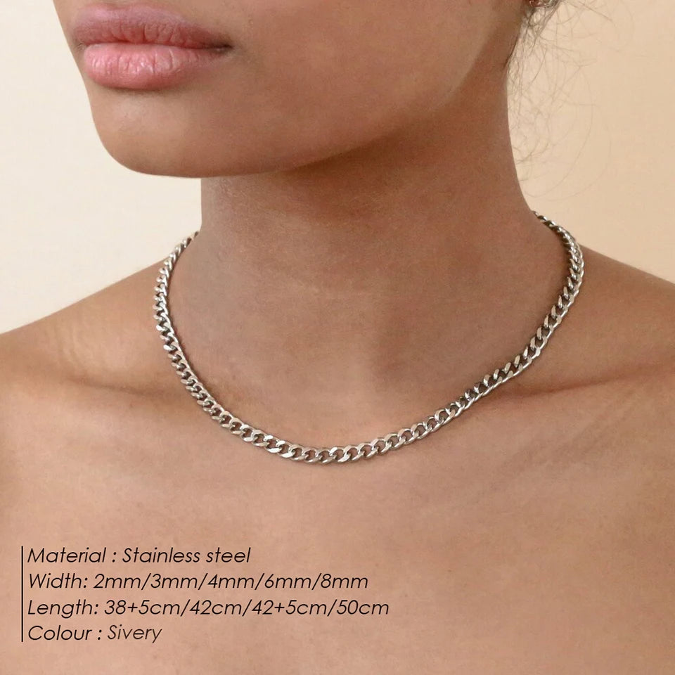 BELLUCCIE Silver color Men's Cuban Link Chain Necklace Stainless Steel Women Trendy Punk Jewelry 2MM/3MM/4MM/6MM/8MM